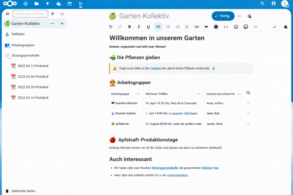 Collectives ist eine Nextcloud-Anwendung für die Zusammenarbeit in Gruppen und Gemeinschaftsprojekten. Kommen Sie in Collectives zusammen, um gemeinsam Wissen zu generieren.
