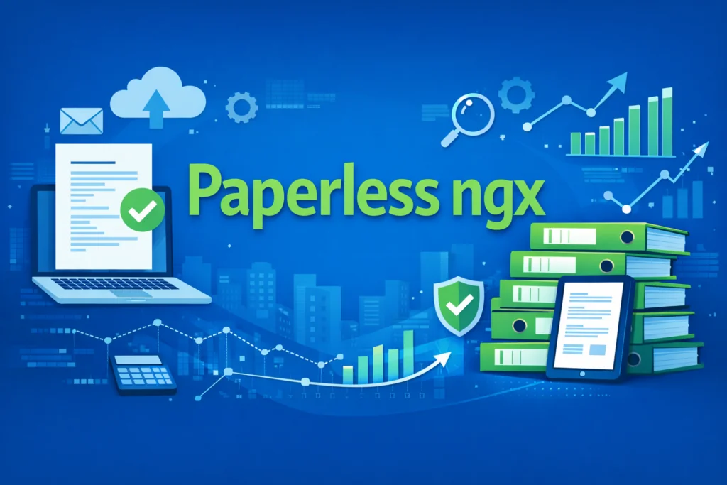 Paperless Schriftzug mit Ordner die auf den Scanner warten